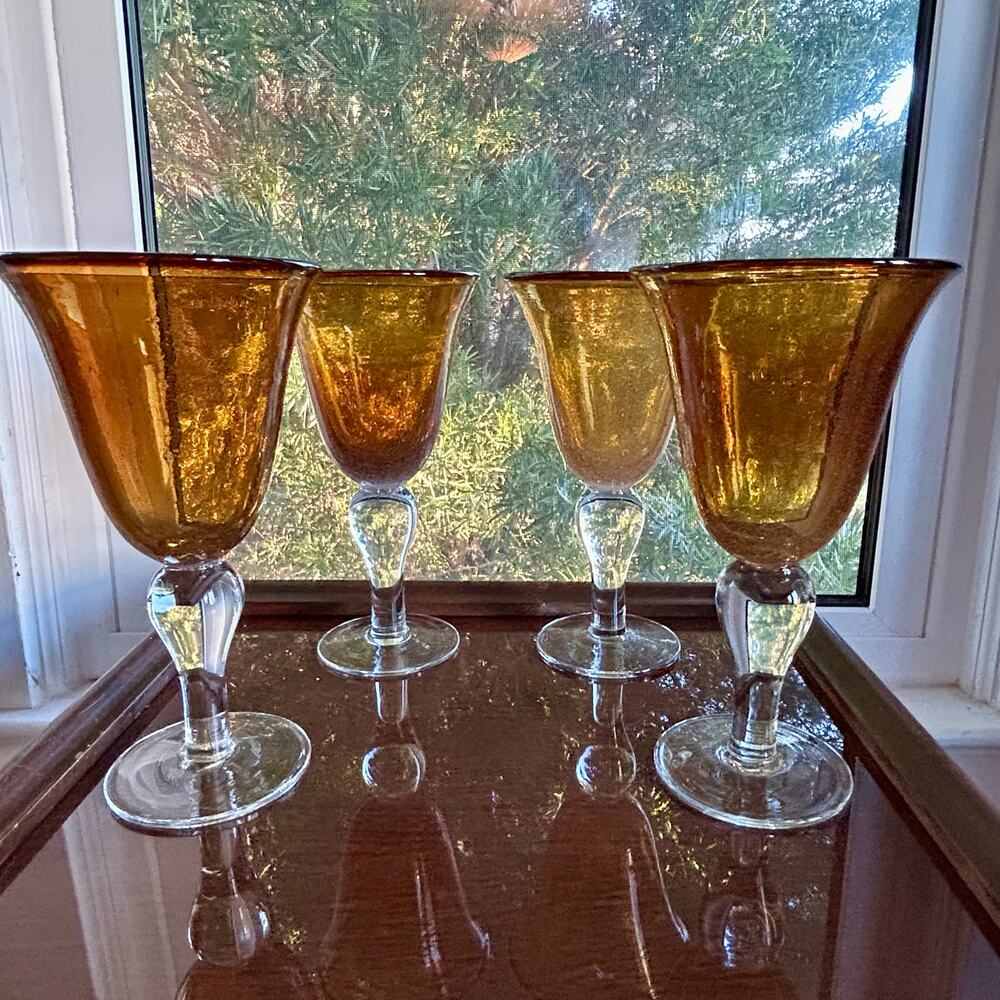 Vintage Artland Amber Gold Fleck Goblets Set of 4 Stemware 8.5”